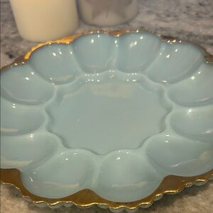Vintage Anchor Hocking Fire King Delphite blue and gold egg dish